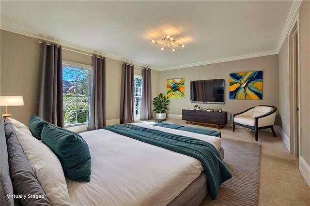 carpeted empty room with crown molding and an inviting chandelier