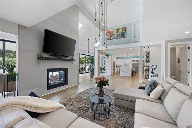 living room with a large fireplace and light hardwood / wood-style floors