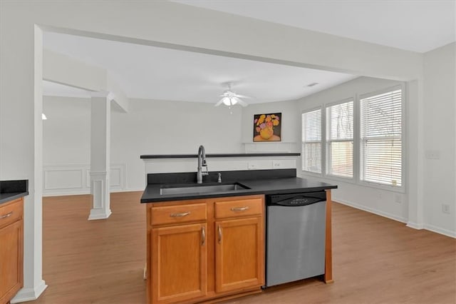 1795 Waterside Dr NW, Kennesaw, GA 30152 - kitchen with sink, light hardwood / wood-style flooring, dishwasher, and ceiling fan