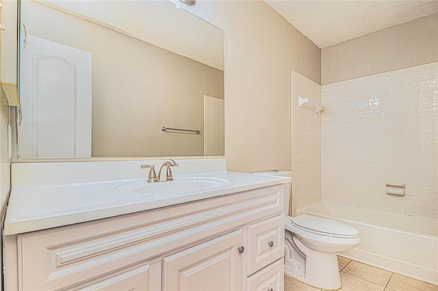 bathroom with toilet, tile patterned flooring, shower / bathing tub combination, and vanity