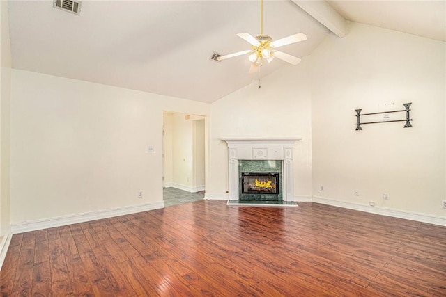 unfurnished living room featuring visible vents, ceiling fan, a premium fireplace, dark wood-type flooring, and beam ceiling