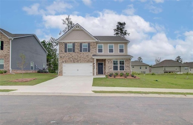 craftsman inspired home with a garage and a front yard