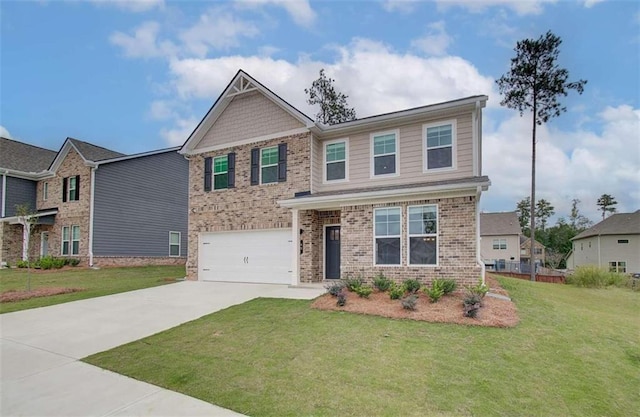 craftsman-style home featuring a garage and a front lawn