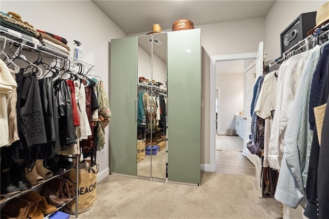 walk in closet with light carpet