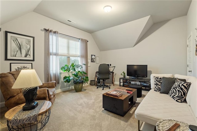 living room featuring vaulted ceiling, carpet floors, visible vents, and baseboards