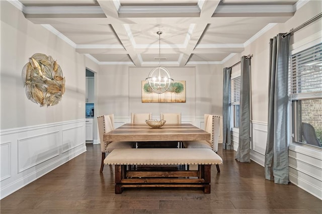 dining room featuring dark wood-style floors, coffered ceiling, a notable chandelier, and beamed ceiling