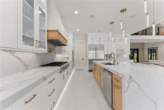 1336 Azalea Dr, Lawrenceville, GA 30043 - kitchen with a sink, premium range hood, appliances with stainless steel finishes, decorative backsplash, and glass insert cabinets
