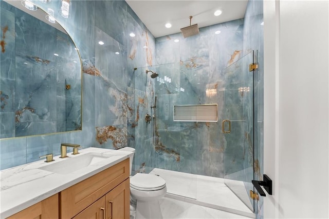 1336 Azalea Dr, Lawrenceville, GA 30043 - full bathroom featuring a marble finish shower, vanity, toilet, and recessed lighting