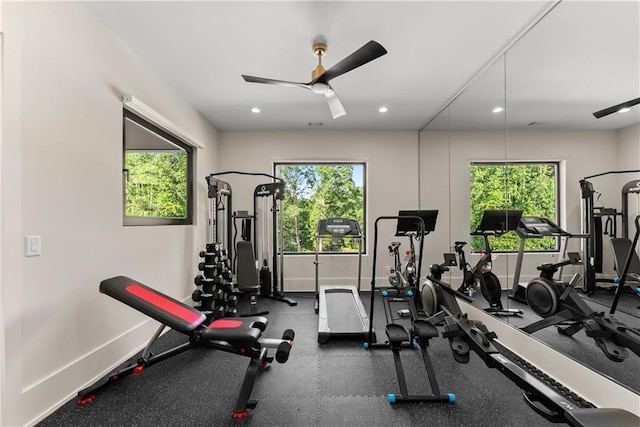 1336 Azalea Dr, Lawrenceville, GA 30043 - workout room featuring healthy amount of natural light, ceiling fan, recessed lighting, and baseboards