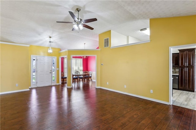 foyer entrance with lofted ceiling, baseboards, visible vents, ceiling fan, and hardwood / wood-style floors