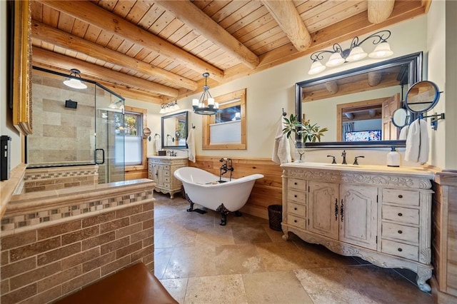 bathroom with wooden ceiling, shower with separate bathtub, vanity, and beam ceiling