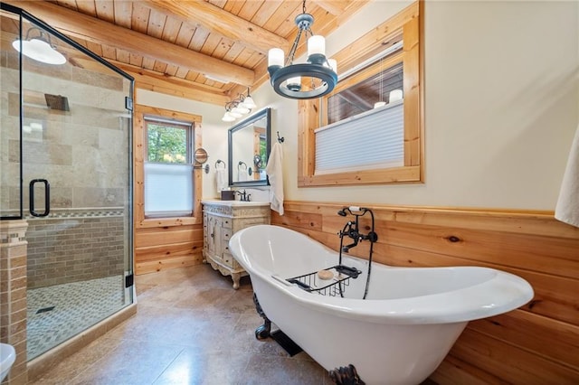 bathroom featuring wooden walls, vanity, wooden ceiling, beam ceiling, and shower with separate bathtub