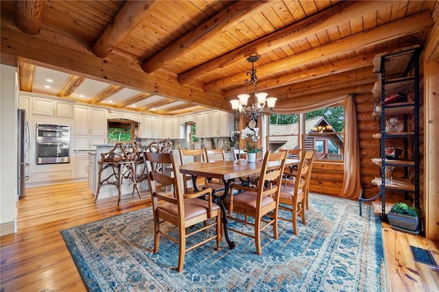 dining space featuring a notable chandelier, light wood-type flooring, beam ceiling, and wood ceiling