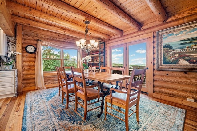 dining space featuring light wood-type flooring, a notable chandelier, wooden ceiling, and rustic walls