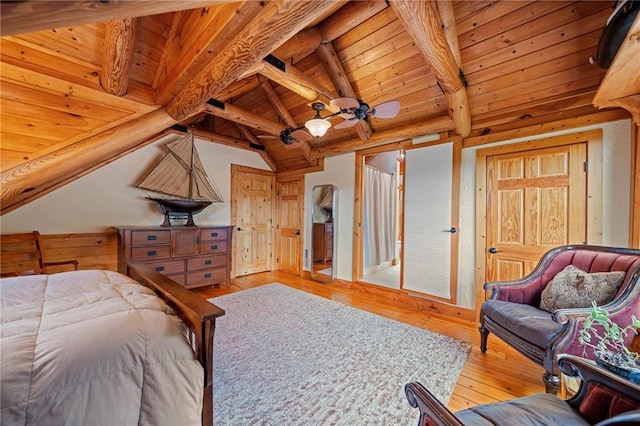 bedroom featuring light hardwood / wood-style floors, wood ceiling, vaulted ceiling with beams, and ceiling fan