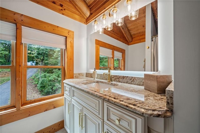 bathroom with lofted ceiling, wooden ceiling, and vanity