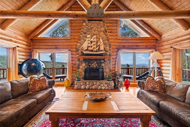 living room with beamed ceiling, a wealth of natural light, a fireplace, and log walls