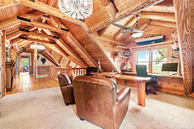 office featuring light wood-type flooring, lofted ceiling with beams, wood walls, and wooden ceiling