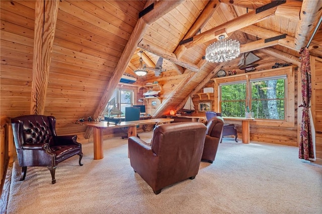 home office with a wealth of natural light, carpet floors, wood ceiling, and vaulted ceiling with beams