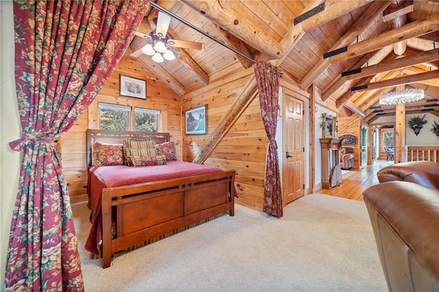 bedroom featuring wood walls, wood ceiling, and vaulted ceiling with beams