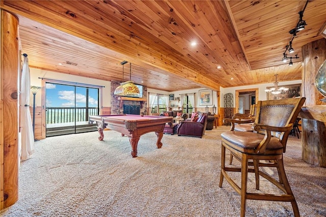 playroom featuring pool table, wooden ceiling, rail lighting, and carpet flooring