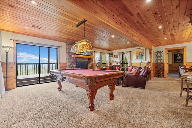 rec room featuring carpet flooring, beam ceiling, billiards, wood ceiling, and a fireplace