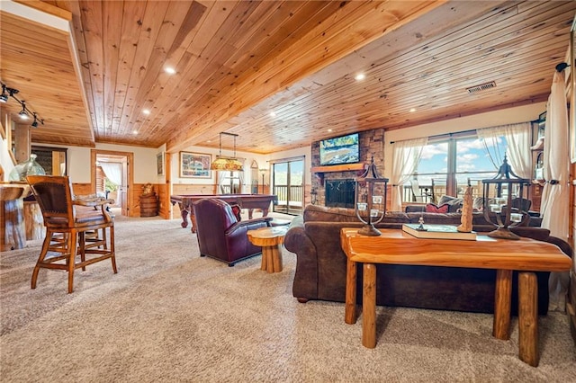 carpeted living room featuring a fireplace, wood ceiling, and billiards