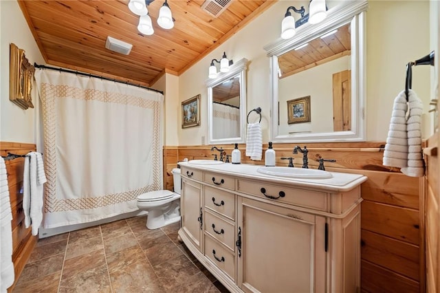 bathroom featuring walk in shower, wood ceiling, vanity, and toilet