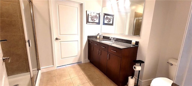 full bathroom featuring vanity, tile patterned flooring, a shower stall, and toilet