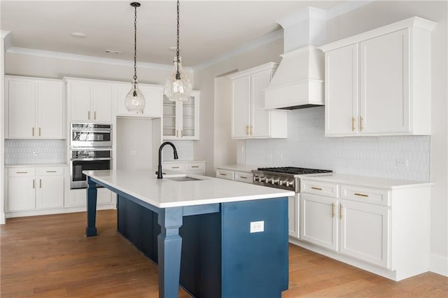 kitchen featuring a center island with sink, sink, custom exhaust hood, white cabinetry, and stainless steel appliances