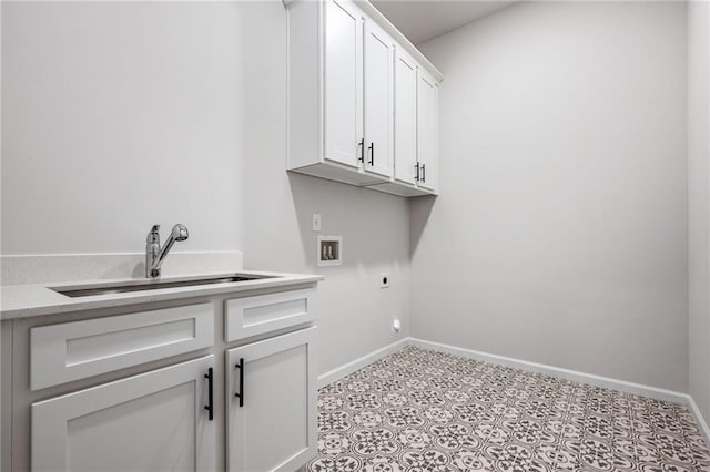 washroom with cabinets, sink, electric dryer hookup, and hookup for a washing machine