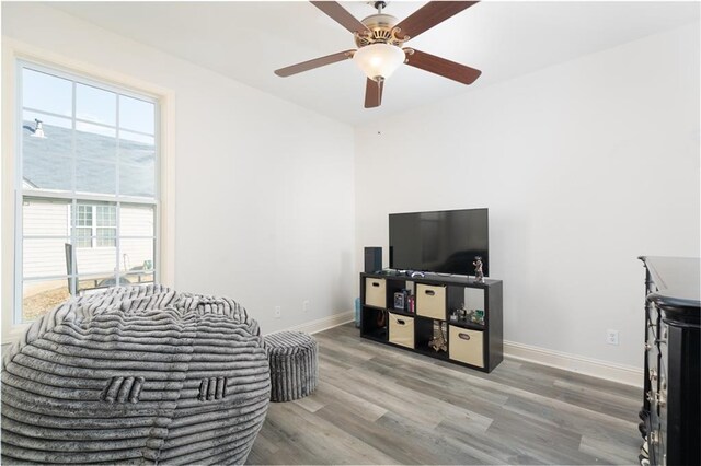 living room featuring wood-type flooring and ceiling fan