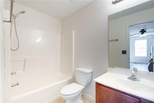 full bathroom with vanity, shower / washtub combination, tile patterned flooring, ceiling fan, and toilet