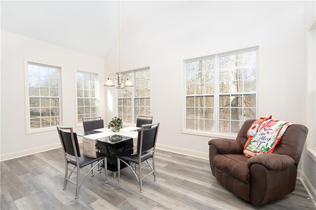 dining space featuring a wealth of natural light, high vaulted ceiling, a chandelier, and hardwood / wood-style flooring