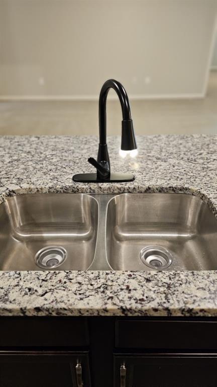 details featuring light stone countertops and sink