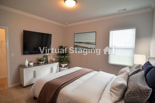 bedroom featuring crown molding and light carpet