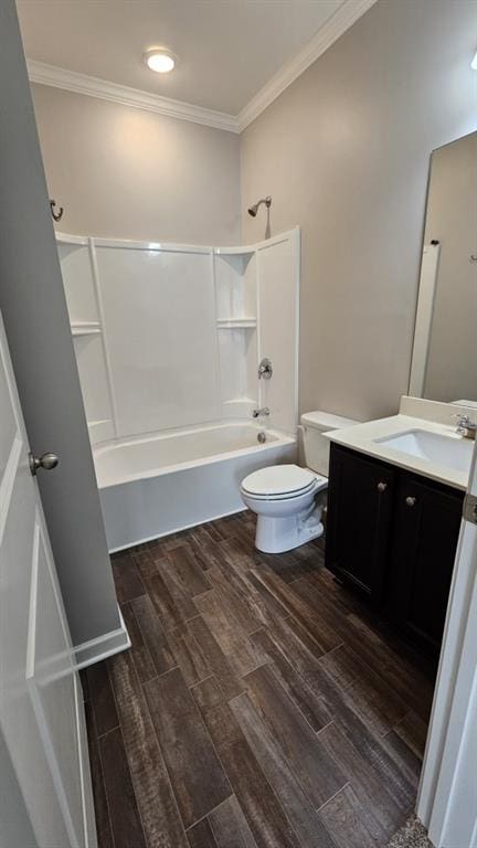 full bathroom featuring hardwood / wood-style flooring, shower / tub combination, ornamental molding, and toilet