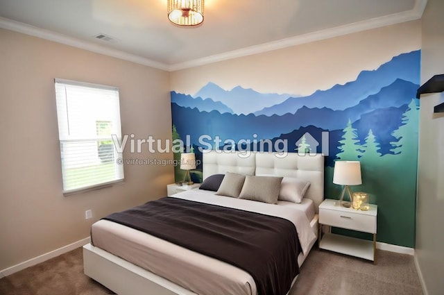 bedroom with ornamental molding and carpet