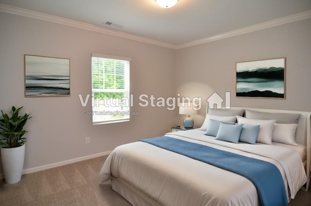 bedroom with ornamental molding and carpet