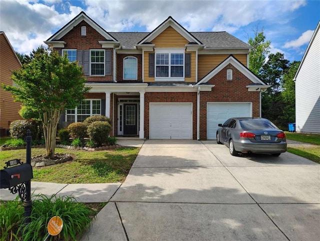 view of front of home with an attached garage, driveway, central AC, and brick siding