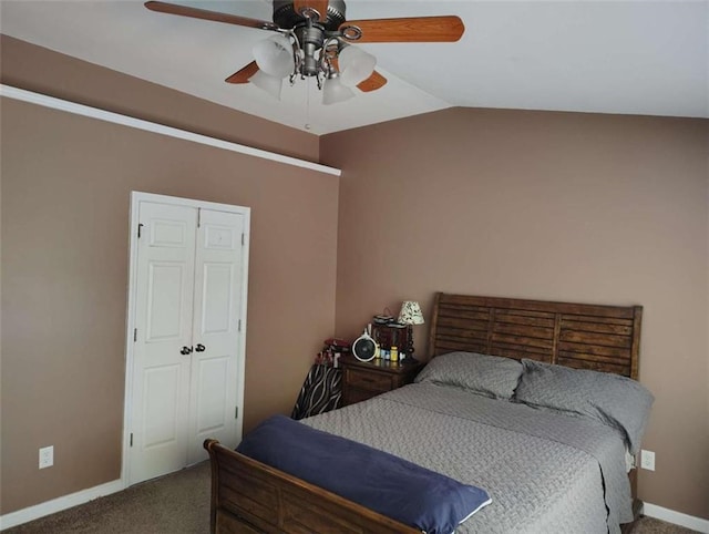 bedroom featuring baseboards, a ceiling fan, carpet, and lofted ceiling