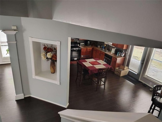 dining room featuring baseboards, dark wood-style flooring, and a wealth of natural light