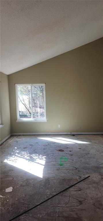 spare room featuring lofted ceiling and a textured ceiling