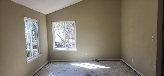 spare room featuring lofted ceiling and a wealth of natural light