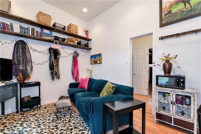 living area with light wood-style floors and recessed lighting