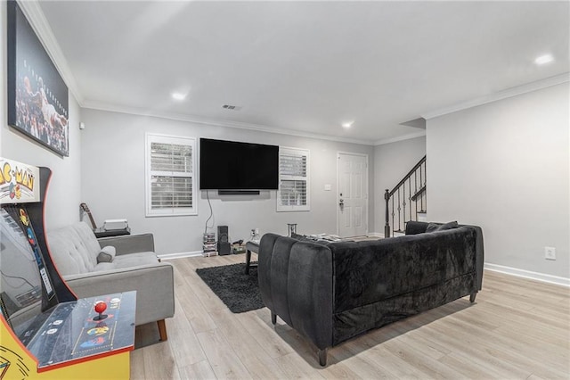 115 Winding River Dr Unit B, Atlanta, GA 30350 - living room featuring stairs, wood finished floors, crown molding, and recessed lighting