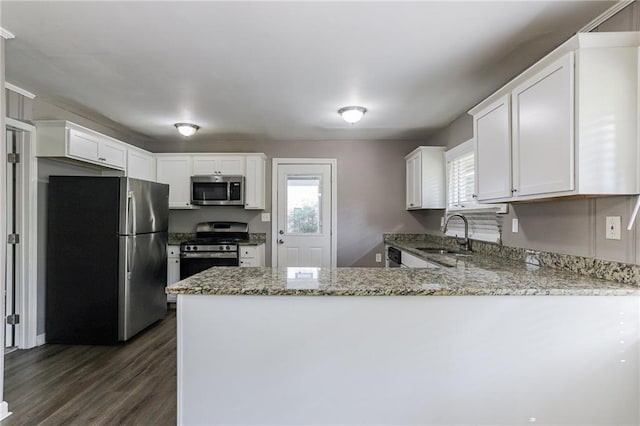 kitchen with appliances with stainless steel finishes, kitchen peninsula, dark wood-type flooring, and sink