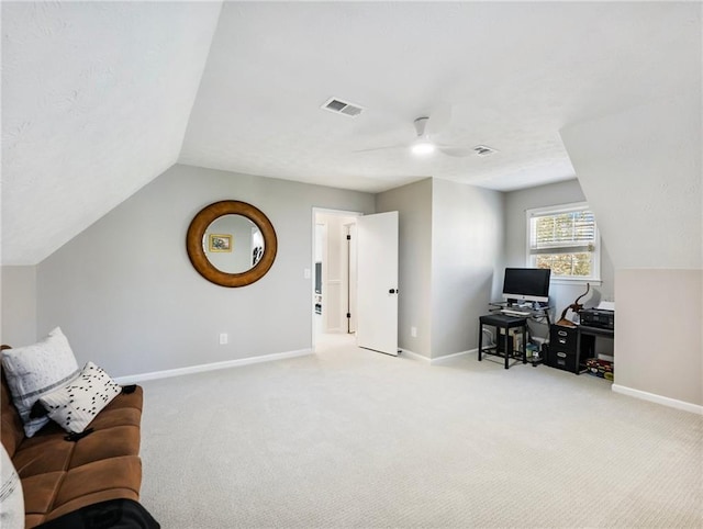 2466 Thrasher Rd, Buford, GA 30519 - carpeted office space featuring ceiling fan, baseboards, and lofted ceiling