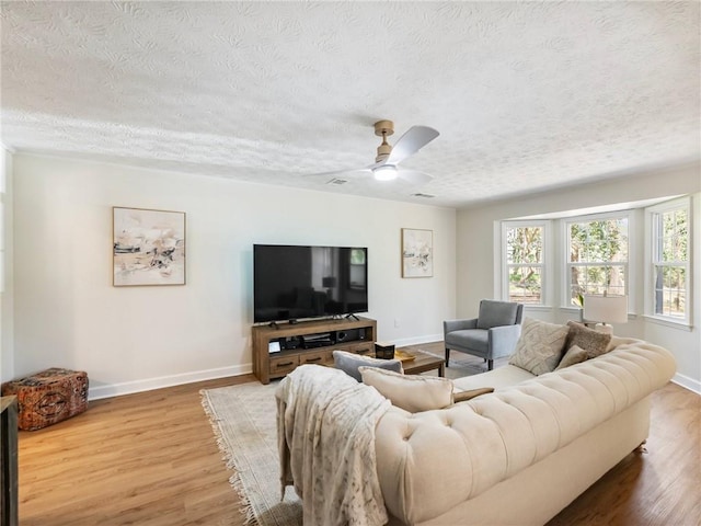 2466 Thrasher Rd, Buford, GA 30519 - living room with a textured ceiling, baseboards, wood finished floors, and a ceiling fan
