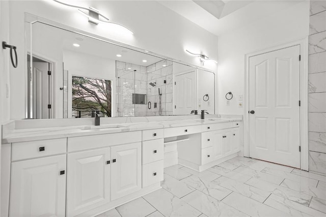 110 Glen Eagle Way, Mcdonough, GA 30253 - full bath featuring marble finish flooring, double vanity, a marble finish shower, and recessed lighting